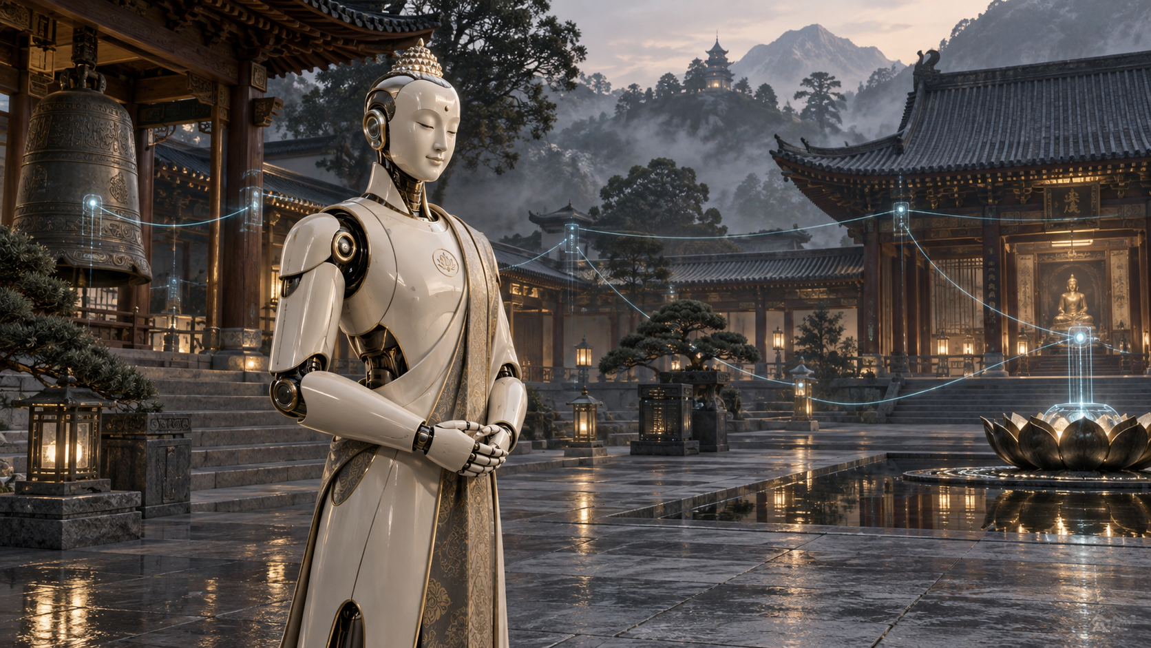 寺庙场景中的具身智能佛概念机器人